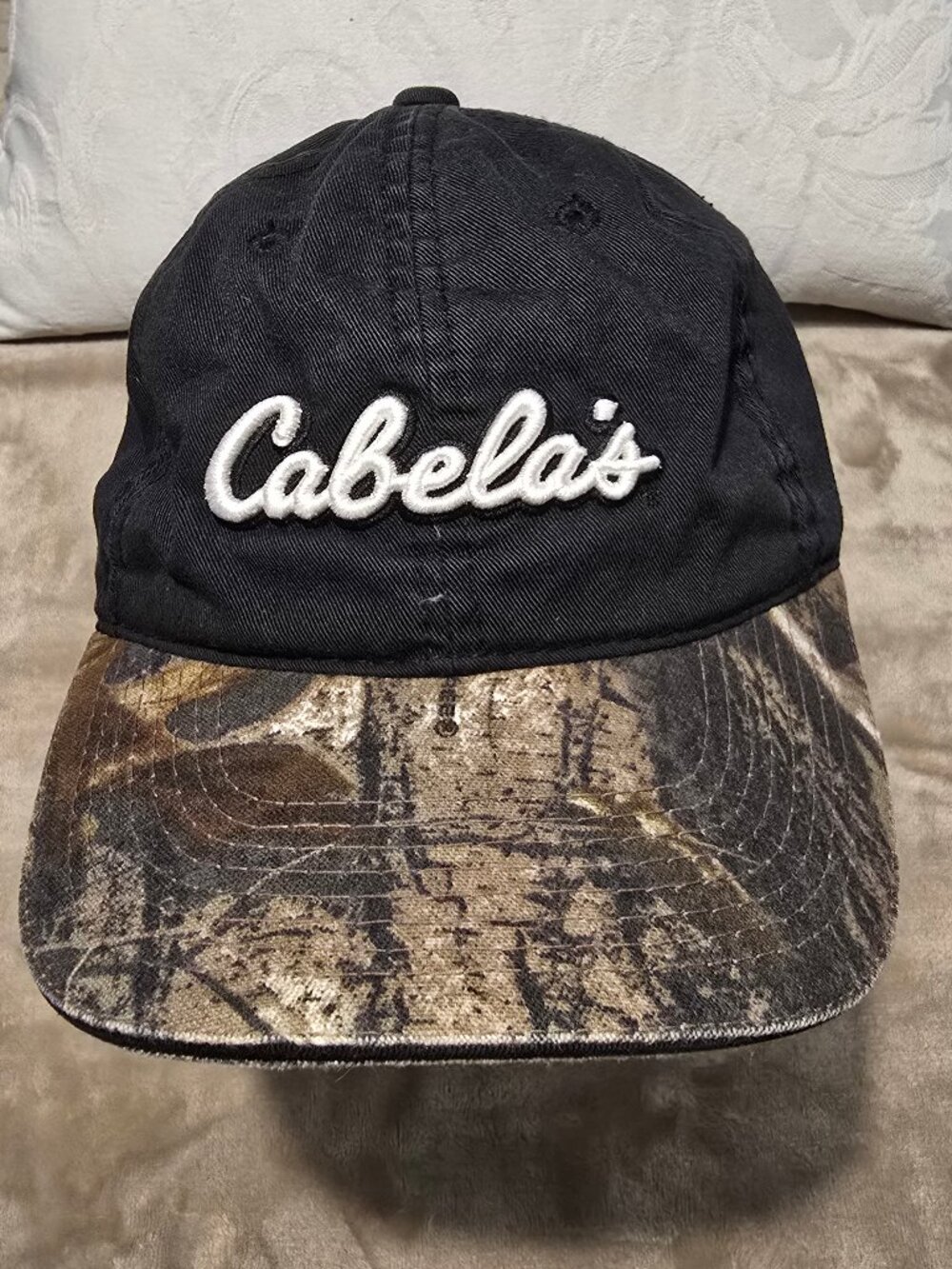 Cabela's Script Logo Two-Tone Ball Cap - Black / Woodland Camo Brim - OSFM